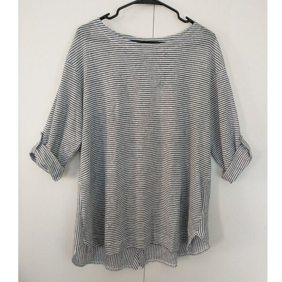 Adrienne Vittadini 100% Linen Navy White Stripes 3/4 Roll Sleeve Tunic - 1X NWT - Picture 2 of 10